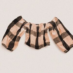 Laude the Label 100% Cotton Checkered Off-Shoulder Puff Sleeve Top Cottagecore S